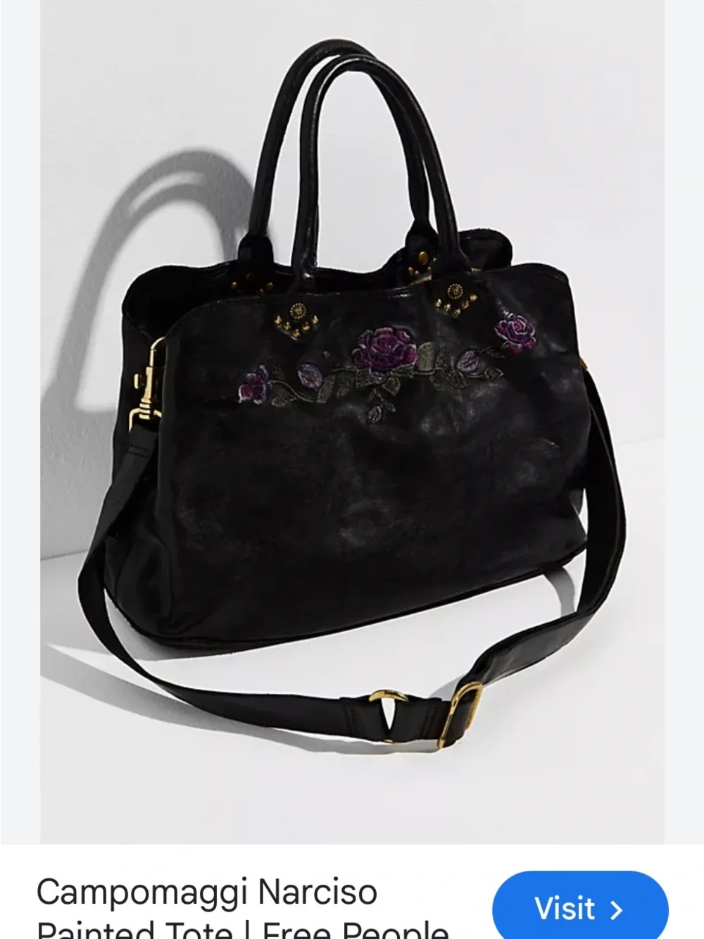 Campomaggi Black Leather Tote with Purple Rose Embroidery - Picture 1 of 2